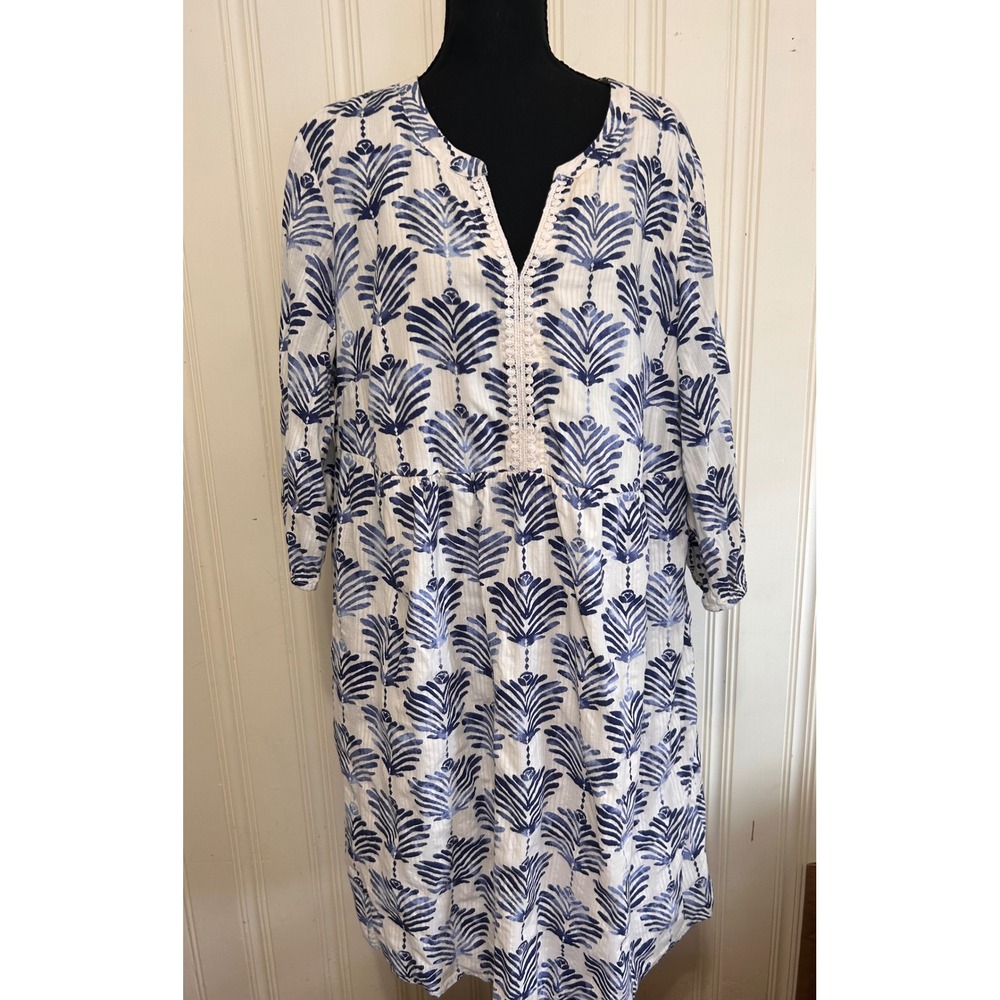 J. Jill Blue White Cotton Dress XL Coastal Boho Vaca Resort Tropical Split Neck - Picture 3 of 11